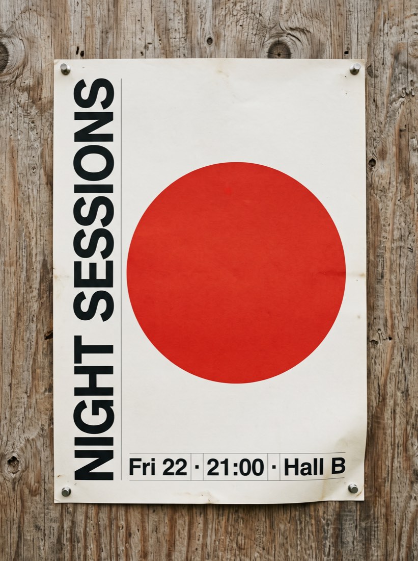 Swiss-style poster — vertical caps and a gridded information row